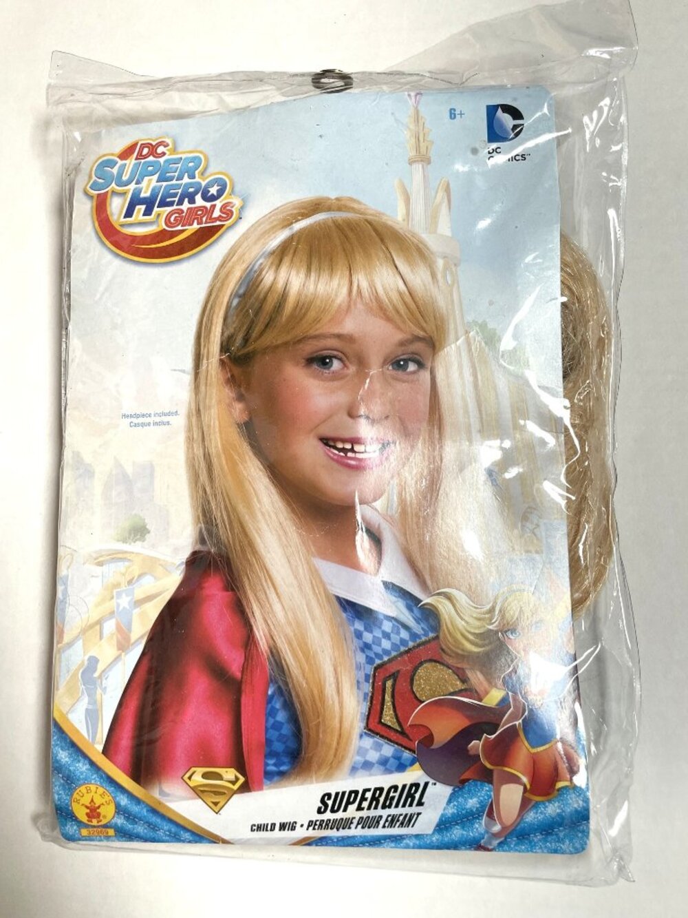 New DC COMICS Super Hero Girl Child Wig blue ribbon 6+